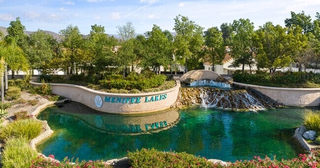 Menifee Lakes community entrance with waterfall